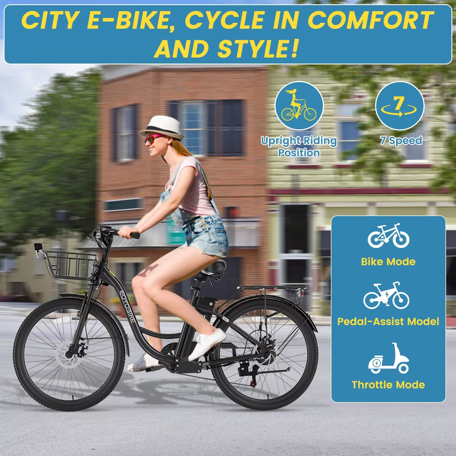 Lilypelle Electric Bike for Unisex Adults,24/26" 7-Speed Step Thru Electric Bicycle ,36V,20MPH