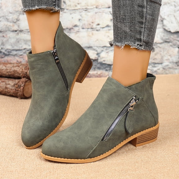 Chunky Heel Booties, Women’s Suede Leather Ankle Boots with Dual Zippers, Fashion Footwear for Fall, Winter, Night Out, and Plus Size Army Green 38