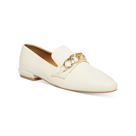 

STEVE MADDEN Womens White Embellished Padded Hersh Almond Toe Block Heel Slip On Leather Loafers Shoes 8 M