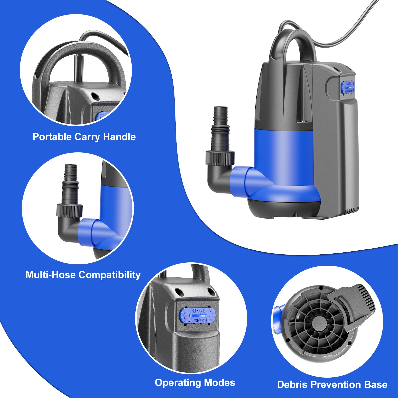 1 HP Automatic Submersible Water Pump, Portable Sump Pump with Integrated Float Switch 4000GPH Utility Pumps for Pool Tub Garden Pond Flooded Basement Draining