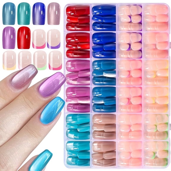 288 PCS Short Squoval Press on Nails Kit, 12 Colors Fake Nails Including Cat Eye & French Tip Styles, Reusable False Nails with Glue & Nail Files, Glossy Press on Nails for Women & Girl