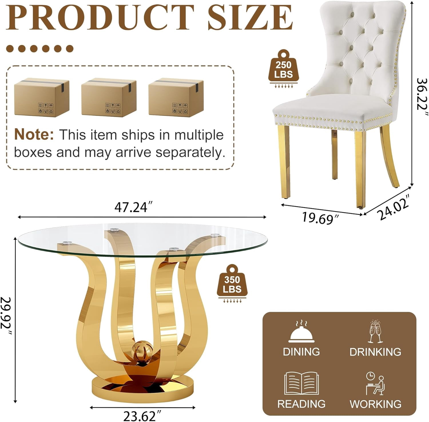 5-Piece Round Dining Table Set, Elegant Floral Stainless Steel Base with 47" Tempered Glass Top, 4 Velvet Tufted Dining Chairs, for Dining Rooms, Apartments