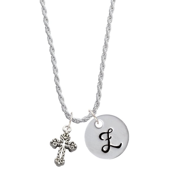 Delight Jewelry Silvertone Antiqued Budded Cross Silvertone Script Initial Disc - Z - Charm Necklace, 20"+3"