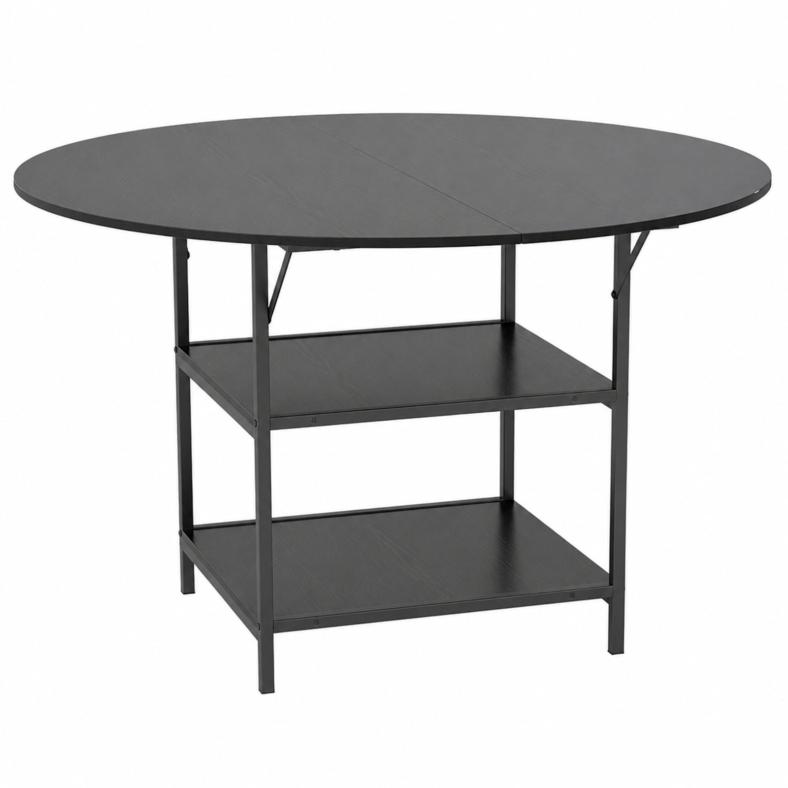 Furnibear 47 Inch Round Dining Table for 4 to 6 with 2 Tier Storage Shelves and Sturdy Metal Frame for Kitchen and Apartment, Black