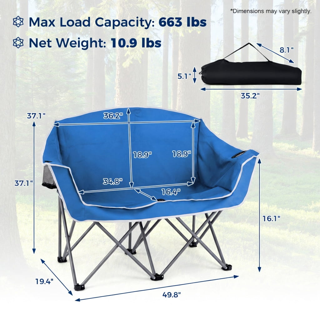 Hommoo Duo Portable Oversized Camping Loveseat Chair with Armrests, Dual Mesh Cup Holders & Heavy-Duty Steel Frame, Blue