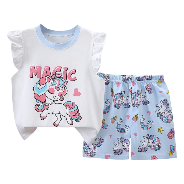 COMVALUE Girls Comfortable Breathable Set Cute Cartoon Printed Flying Sleeve Top Shorts Set Girls Sweat (Blue, 3-4 Years)