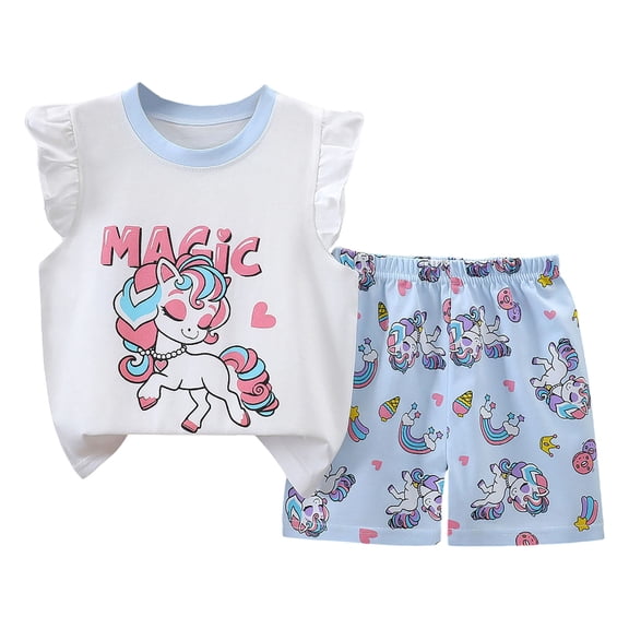Toddler Girl Summer Clothes Outfit For 4-5 Years Girls Set Cute Cartoon Printed Flying Sleeve Top Shorts Two Piece Set Blue Children's Day Gift 2PCS Set