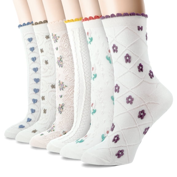 Bocaoying 6 Pairs Womens Ruffle Crew Socks, Cute Kawaii Frilly Lettuce Socks, Sweet Dress Socks Mary Jane Socks, Vintage Floral Patterned Socks