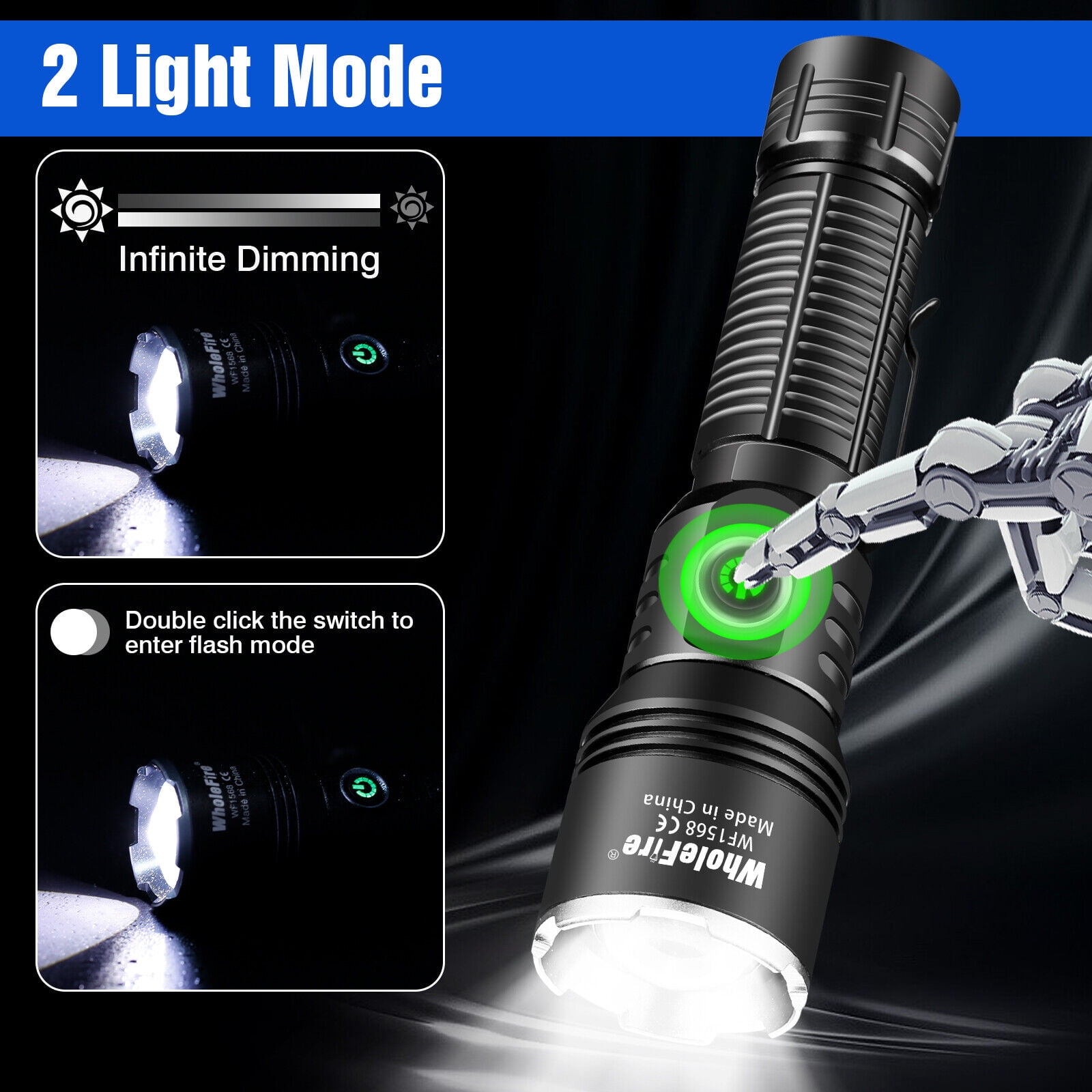 15W LED Rechargeable Flashlight Adjustable Focus Flashlights Waterproof Flash Light with Battery for Emergencies Camping