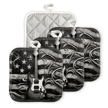 

BaHomeck Pot Holders 4pcs dacron Made Square heat-resisting mat Machine Washable for Kitchen Oven Hot Pads 6.7inch*6.7inch Electric Guitar On The American Flag
