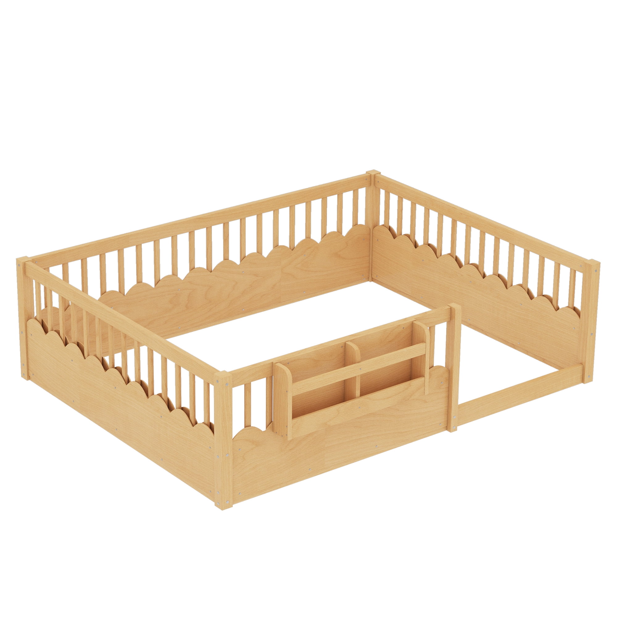 Mintazer Queen Montessori Floor Bed with Bookshelf & Heightened Fence, Kids Wood Floor Bed for Boys and Girls, Natural