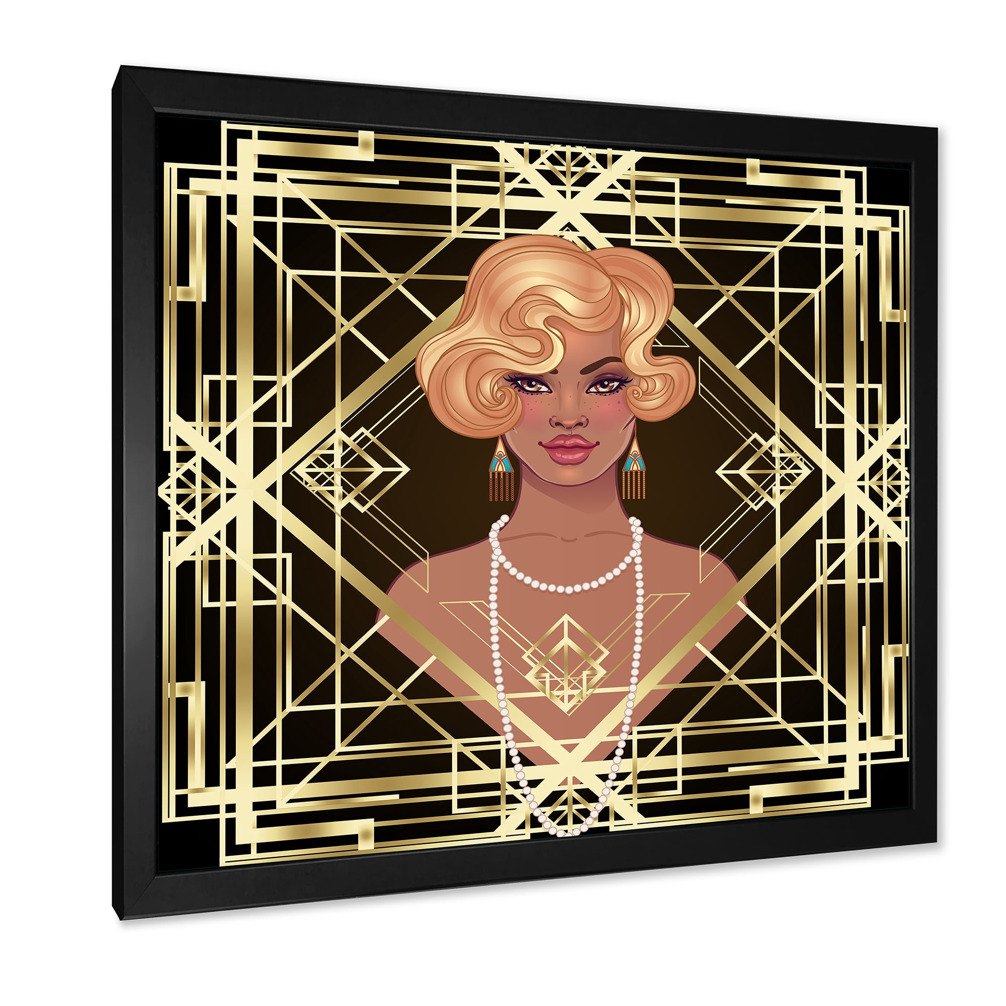 Designart 'Retro Girl In Golden Art Deco Geometrics III' Modern Framed Art Print