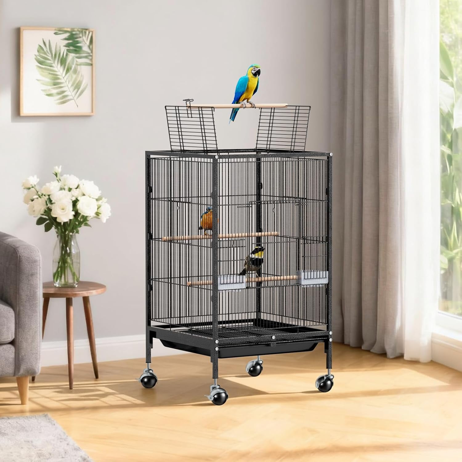 Miemie 38-inch Bird Cage with Wheels, Durable Wrought Iron Parakeet Cage with Slide Out Tray, Black Bird Cages for Parakeets/Cockatiels/Budgies and Other Small/Medium Birds (Medium-38 inch)