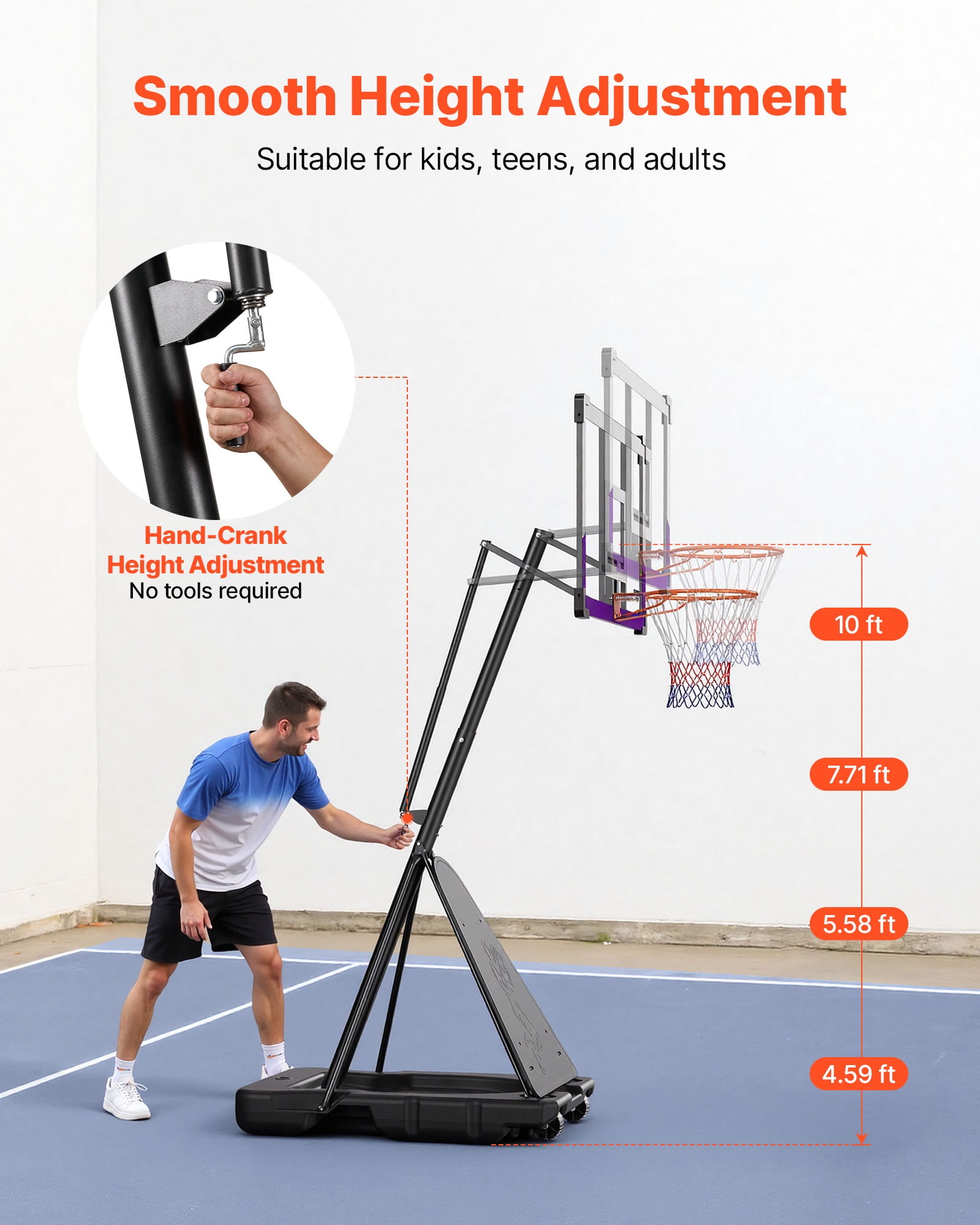 VEVOR Portable Basketball Stand, 10 ft Height Adjustment Basketball Hoop & Goal, Basketballs Hoop Outdoor with 48 inch PC Backboard for Kids, Adults in Schools, Parks, Indoor & Outdoor Use