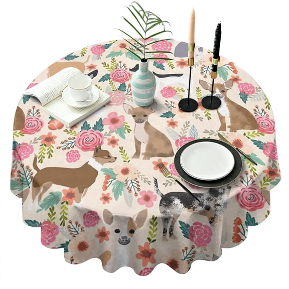 Chihuahua Dog and Flower Round Tablecloth 60"x60",Wrinkle Wipeable Table Cloth for Kitchen Dining Room Picnic Patio Party