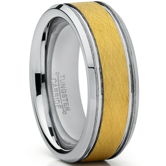 Tungsten Carbide Men's Goldtone Brushed Textured Center Ring Band, 8 mm Comfort Fit