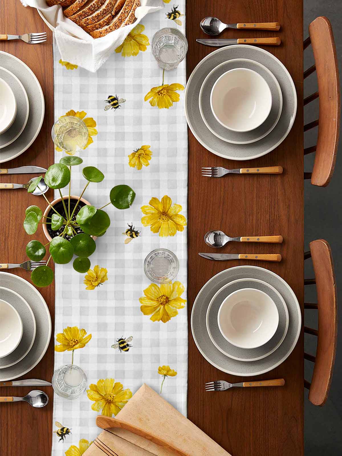 nqOlkjepod Yellow Flowers Table Runner 48 Inches Long Farmhouse Dress Scarves, Summer Bee Country Floral Gray Plaid Dining Tablerunner for Coffee Table/Kitchen Island/Party Décor, 13" x 48"