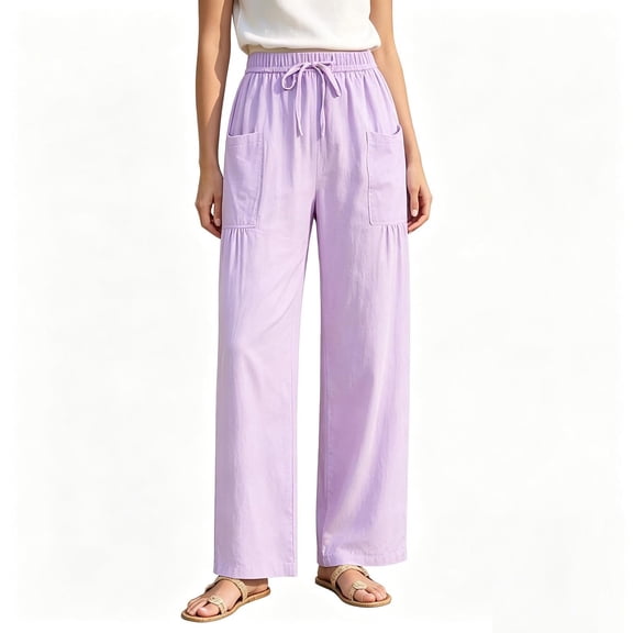 cocolona Womens Summer Casual Loose Linen Pants Elastic Waist Straight Wide Leg Vacation Beach Pants with Pockets