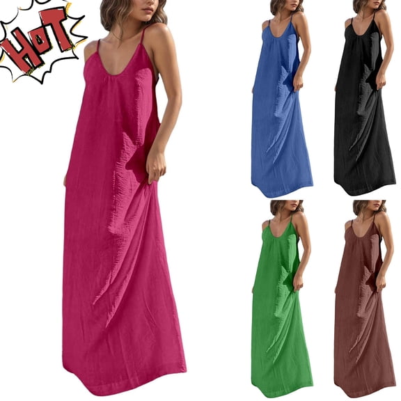 YABCSAZ Women's Maxi Dress Casual Sleeveless V Neck Sundress Solid Color Loose Fit Flowy Summer Beach Vacation Plus Size Long Dress for Women