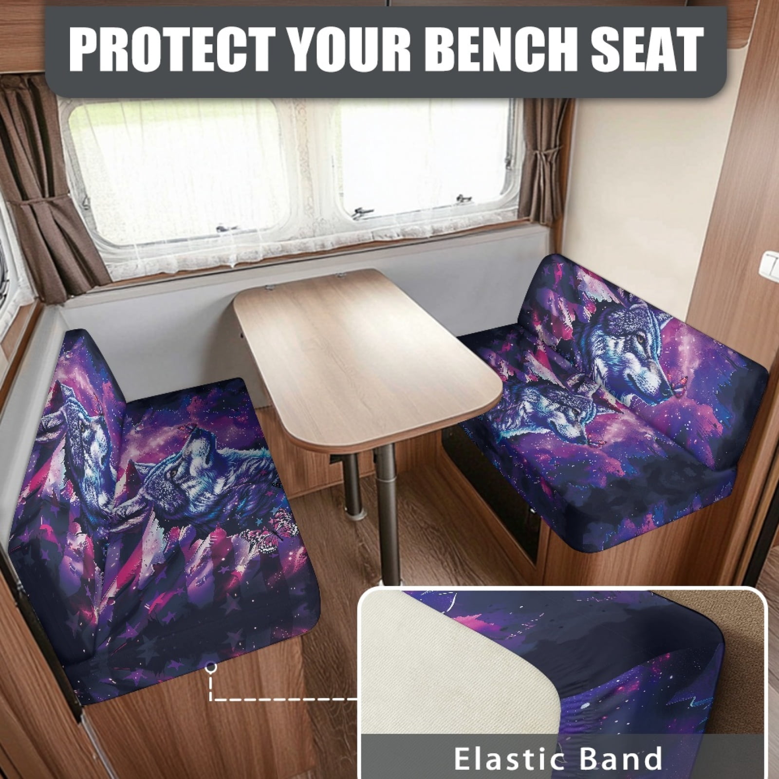 Kuiaobaty RV Dinette Cushions Covers Easy to Install Stretch Camper Cushions Cover RV Dinette Seat Covers Sofa Slipcovers for RV Camper Car Bench, American Flag Galaxy Wolf Butterfly Pattern