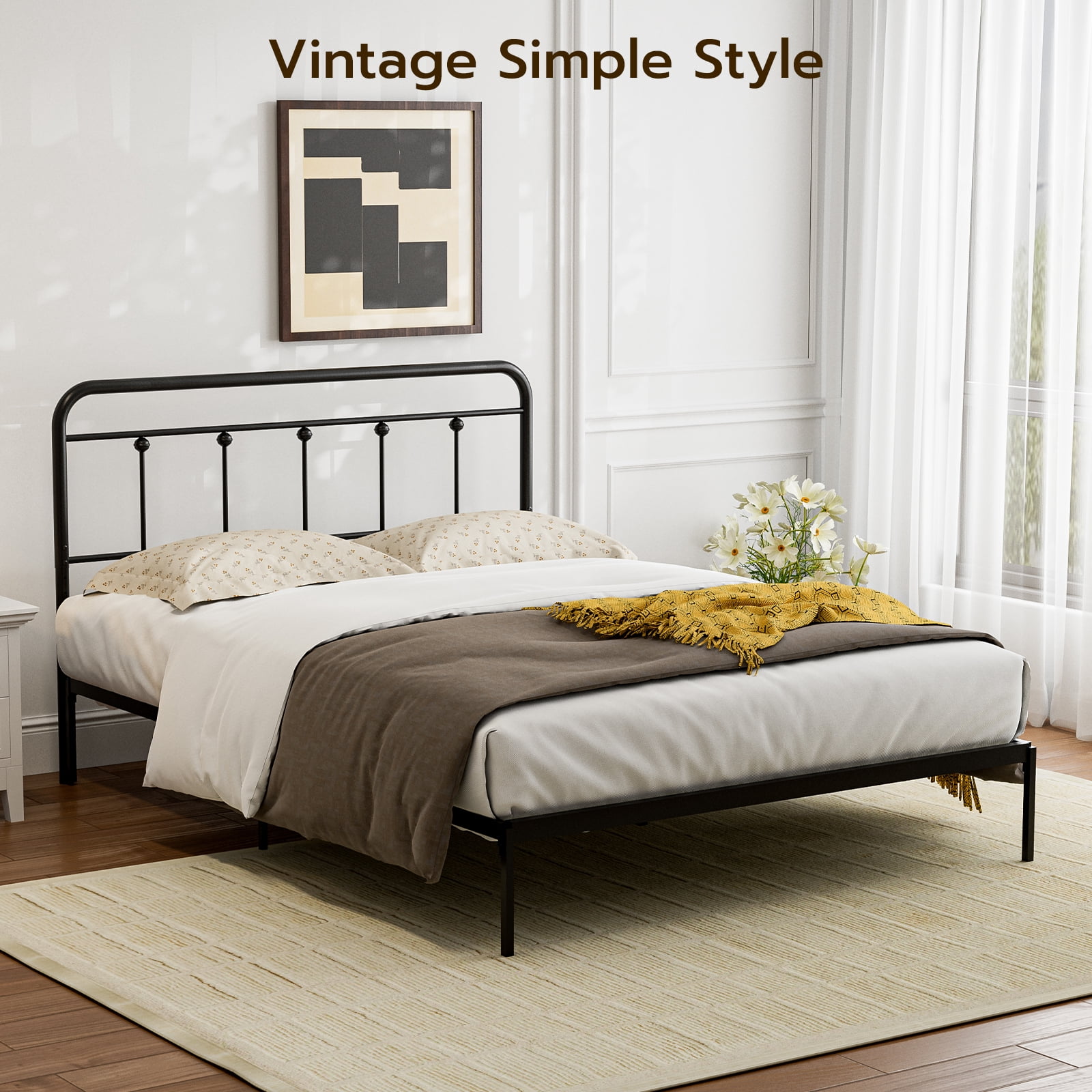 SIKHST Full Size Headboard with Black Metal Construction, Adjustable Height, Spindle Detail and Elegant Curves Design, Farmhouse and Vintage Style,Steel Headboard Only for Bedroom