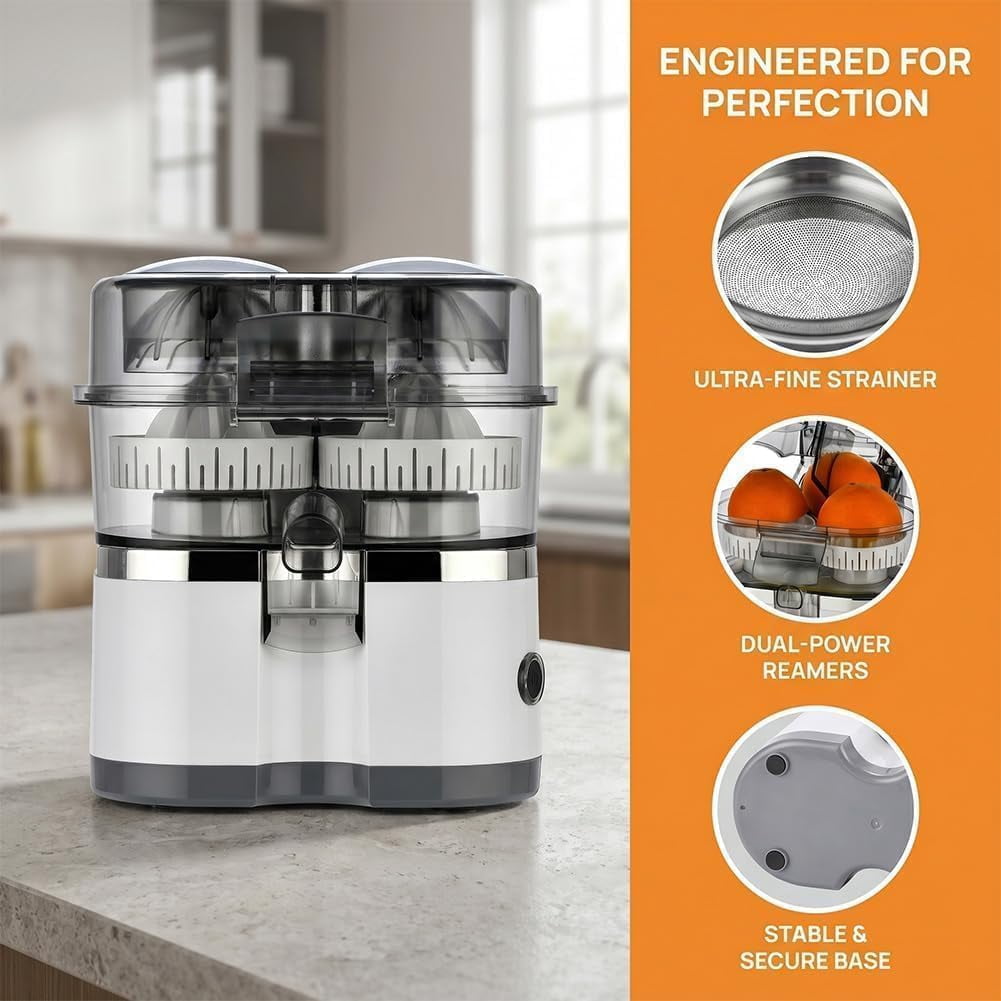 Dual-Head Automatic Citrus Juicer, Dual-Head Electric Citrus Juicer, 2-Speed One-Touch Juicing Machine with Built-in Cutter and Cleaning Brush, High juice yield, Orange Lime Squeezer for Kitchen (B)