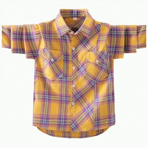 Ccpelsie Boys Girls Plaid Flannel Shirts Toddler Kids Long Sleeve Casual Collared Button Down Shirts Fall Clothes(Yellow,12-13 Years)