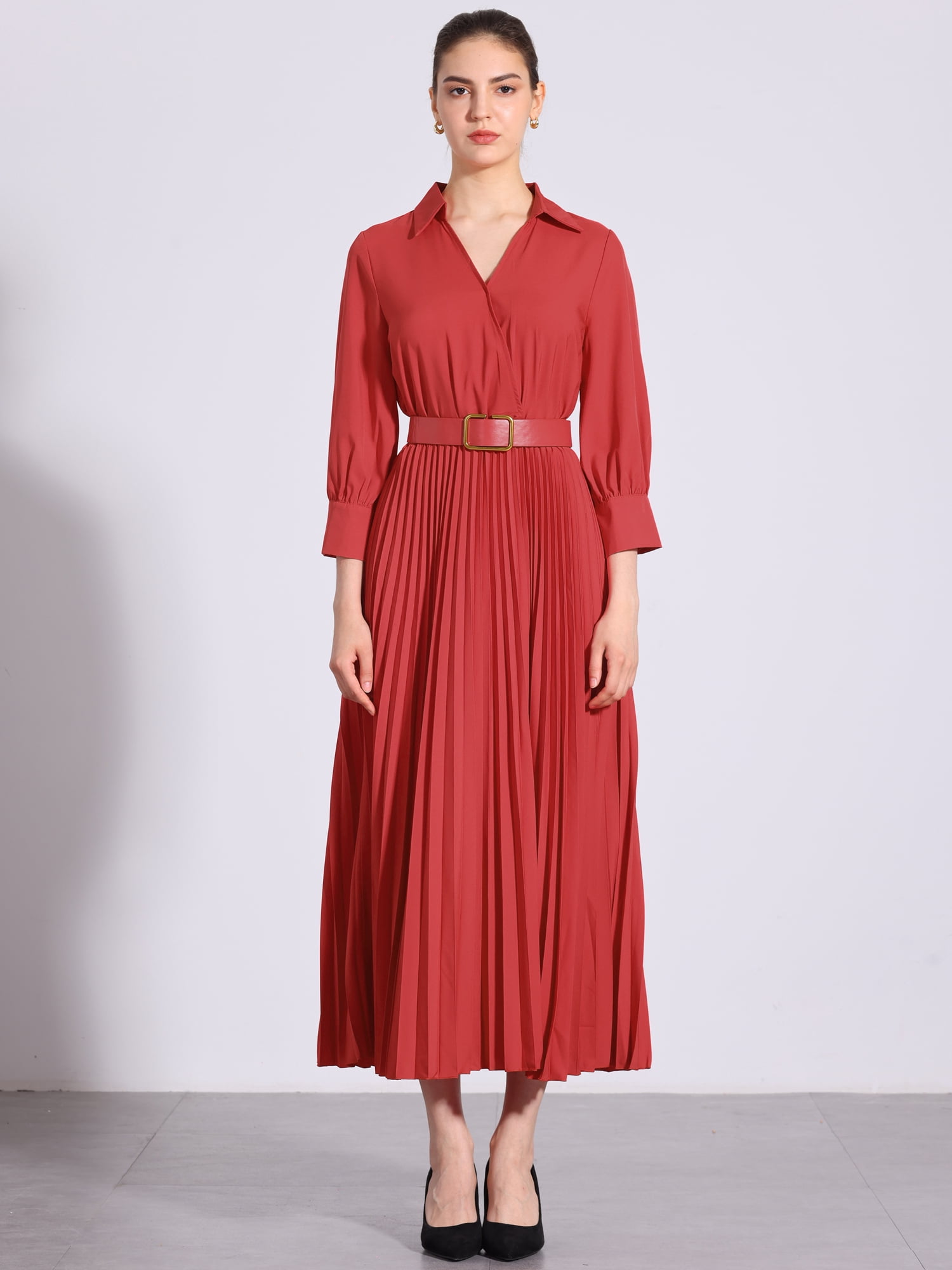 DARING DIVA 3/4 Sleeves Collar V Neck Dress M Red