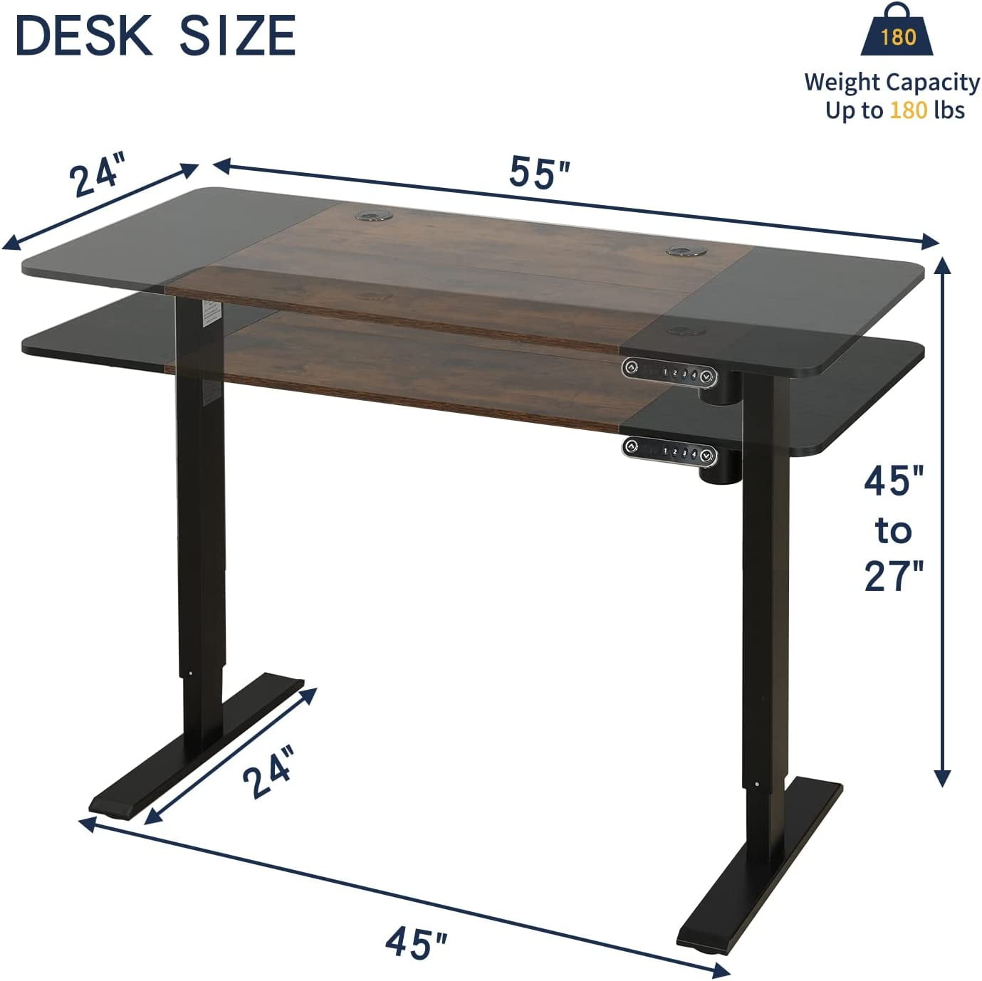 Height Adjustable Standing Desk,55 x 24 Inches Electric Standing Desk with Memory Controller, Sit Stand Home Office Table with Splice Board, Black Frame&Black+Rustic Brown Top