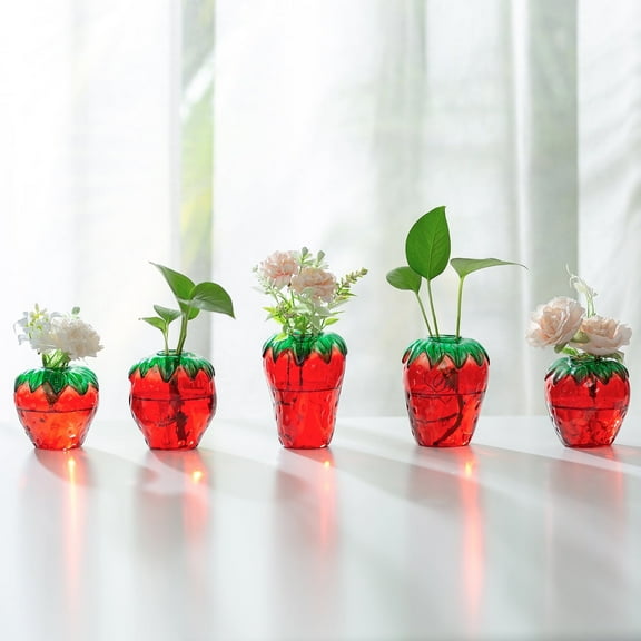 Glasseam Cute Mini Vases 5-Piece Strawberry Glass Vase Set Propagation Stations for Home Unique Flower vase Set Terrarium Jar Gifts for Women Friends Mom Birthday Housewarming Holidays