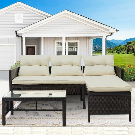 3 Piece Outdoor Wicker Sets Rattan Wicker Patio Furniture with Lounge Chaise Chair Loveseat Sofa Coffee Table All-Weather Patio Conversation Set with Cushions for Backyard Garden Pool L4821