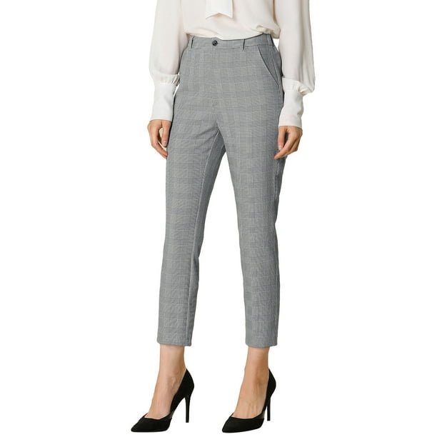 Pantalones de tobillo de trabajo de oficina trasera elásticos de cintura alta a cuadros de mujer Negro XS