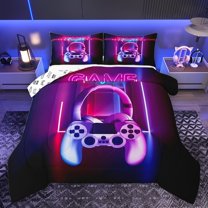 Homewish Abstract Gamepads 3 Pieces Queen Comforter Set for Teens Boys Girls,Video Game Ultra Soft Bedding Sets,Neon Lights Bedding Comforter Set Breathable,Luxury Bedroom Decor,Reversible
