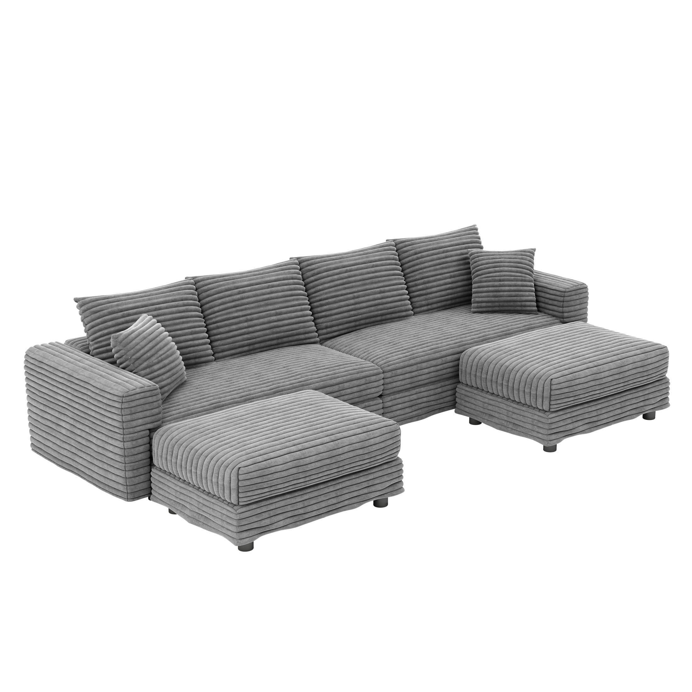 Noble House Nesta 4-Seat Plush Corduroy Cloud Sofa, Convertible Deep Seat Lounge Couch with 2 Ottomans & Soft Pillows, Grey