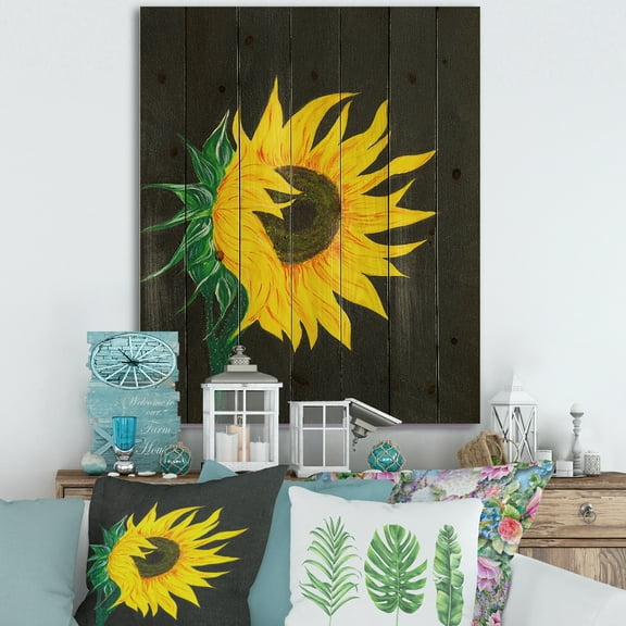 Designart 'Yellow Sunflower On Black' Traditional Print on Natural Pine Wood