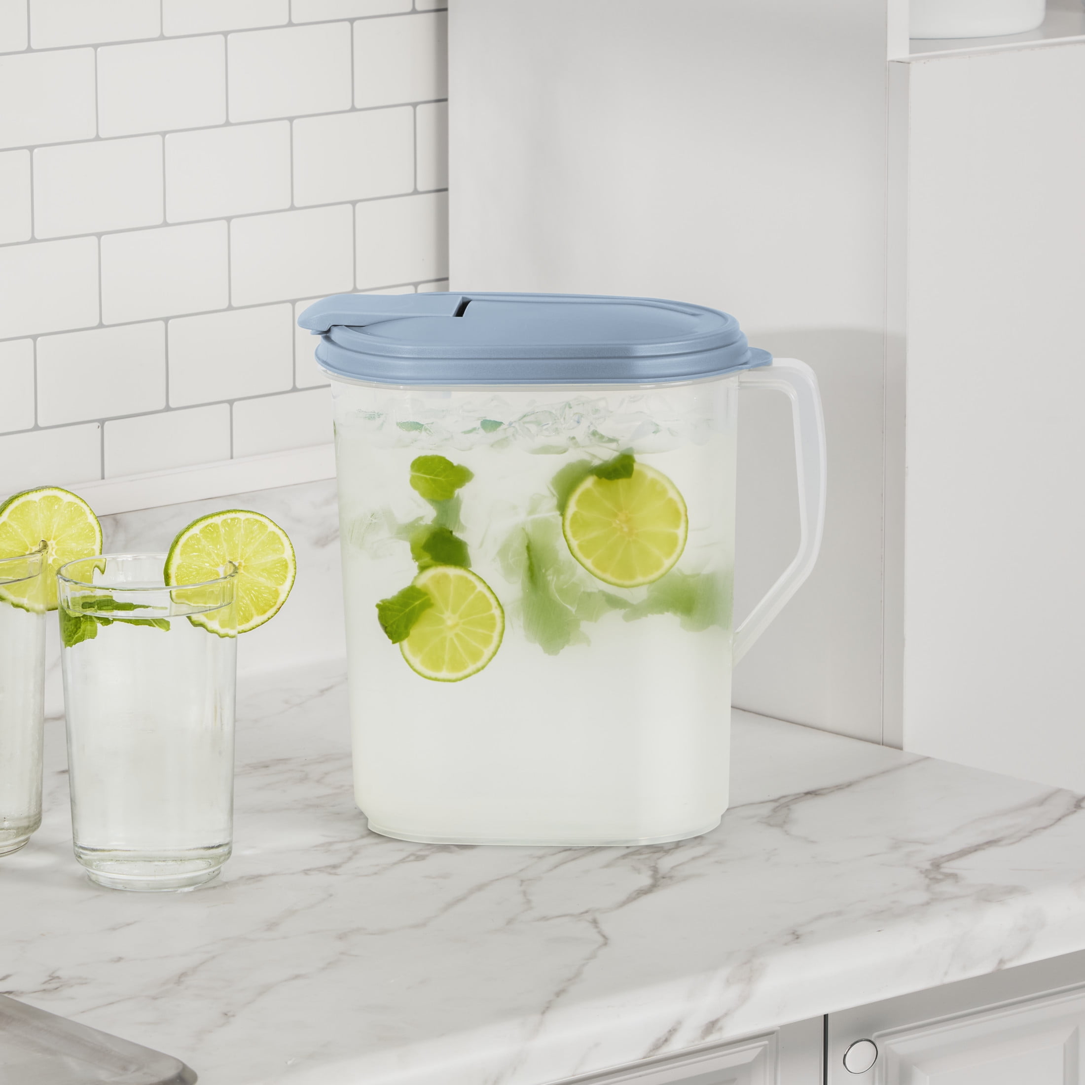 (3 pack) Sterilite, Pitcher, 1 Gallon Pitcher, Clear Plastic, Flip-top Spout, Light Blue, plastic, 1 gal, perfect for chilled drink preparation.