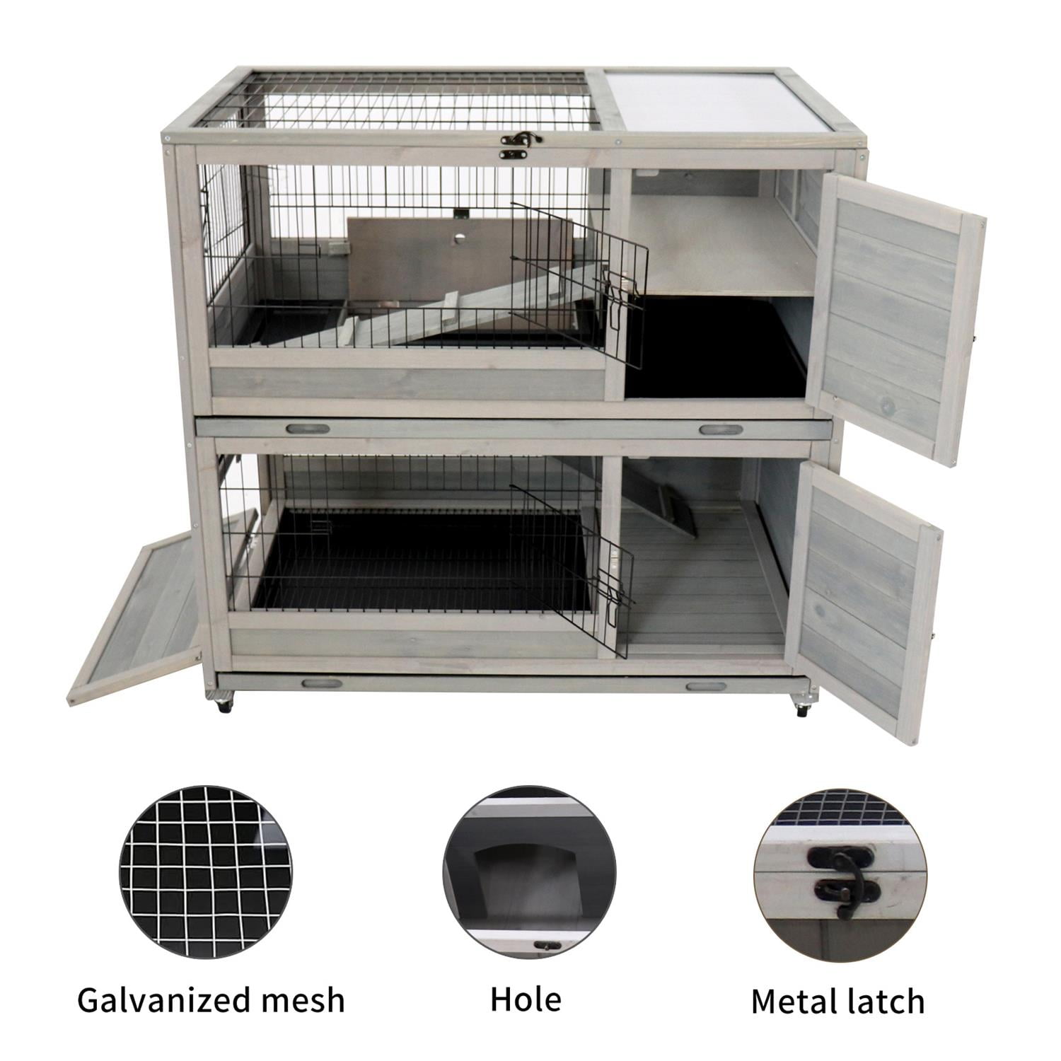 Pefilos 39" Wooden Rabbit Cage with Ramp, Small Animals Habitat, Weatherproof Roof and Removable Tray, Universal Wheel, Gray Pefilos 39" Wooden Rabbit Cage with Ramp, Small Animals Habitat, Weatherproof Roof and Removable Tray, Universal Wheel, Gray