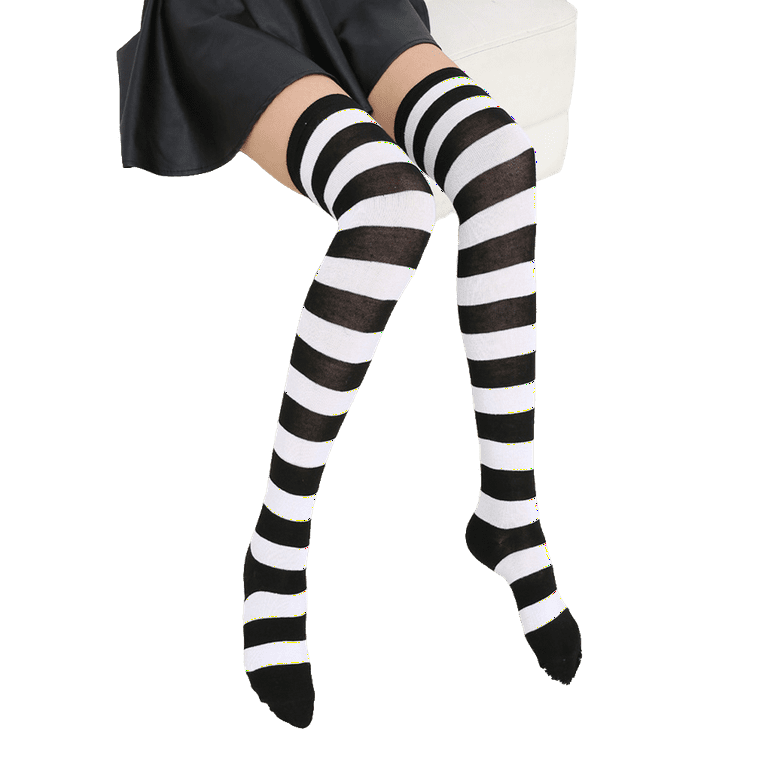 Jygee Pack of 2 Striped Plus Size Thigh High Socks Breathability Unique  Flexible Fad Appearance Non Slip Hose Sock Boots Stockings black white