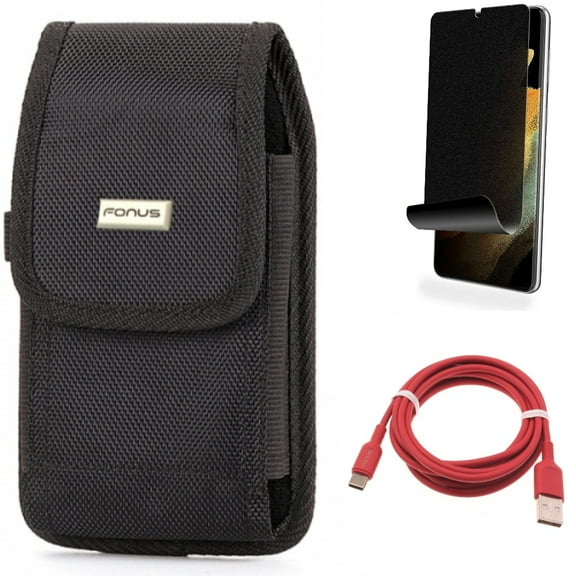 Case Belt Clip & Privacy Screen Protector & 6ft USB-C Cable for Samsung Galaxy S21 Ultra Phone - Swivel Holster & TPU Film Fingerprint Works & Red Charger Cord Accessory Bundle