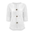 thumbnail image 4 of ManxiVoo Cozy Pocket Detail Sweatshirt for Women Three Quarter Sleeve Linen Blend Top Relaxed Lounge Wear S Size White, 4 of 4