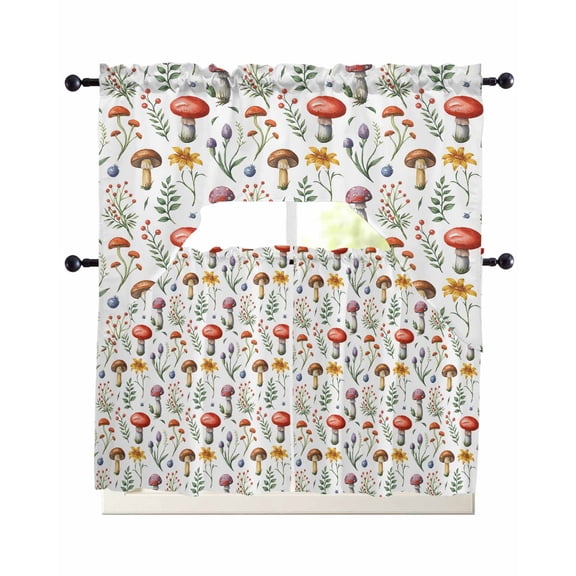 Fall Mushroom Kitchen Curtains Sets 24 Inch Length with Valance, Farmhouse Botanical Flowers Leaves Plants Swag Valances and Tiers Curtain Set Drapes Swag Curtains for Living Room, Bathroom, Bedroom