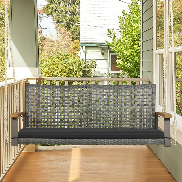 Gymax Rattan Patio Porch Swing 2-Person Cushioned Swing Chair Bench w/ Hanging Ropes Black
