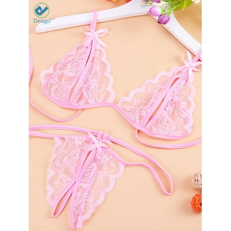 Deago Women Sexy Lingerie Nightwear Two Piece Babydoll Bra Panty G-String Underwear Set (Pink  M)