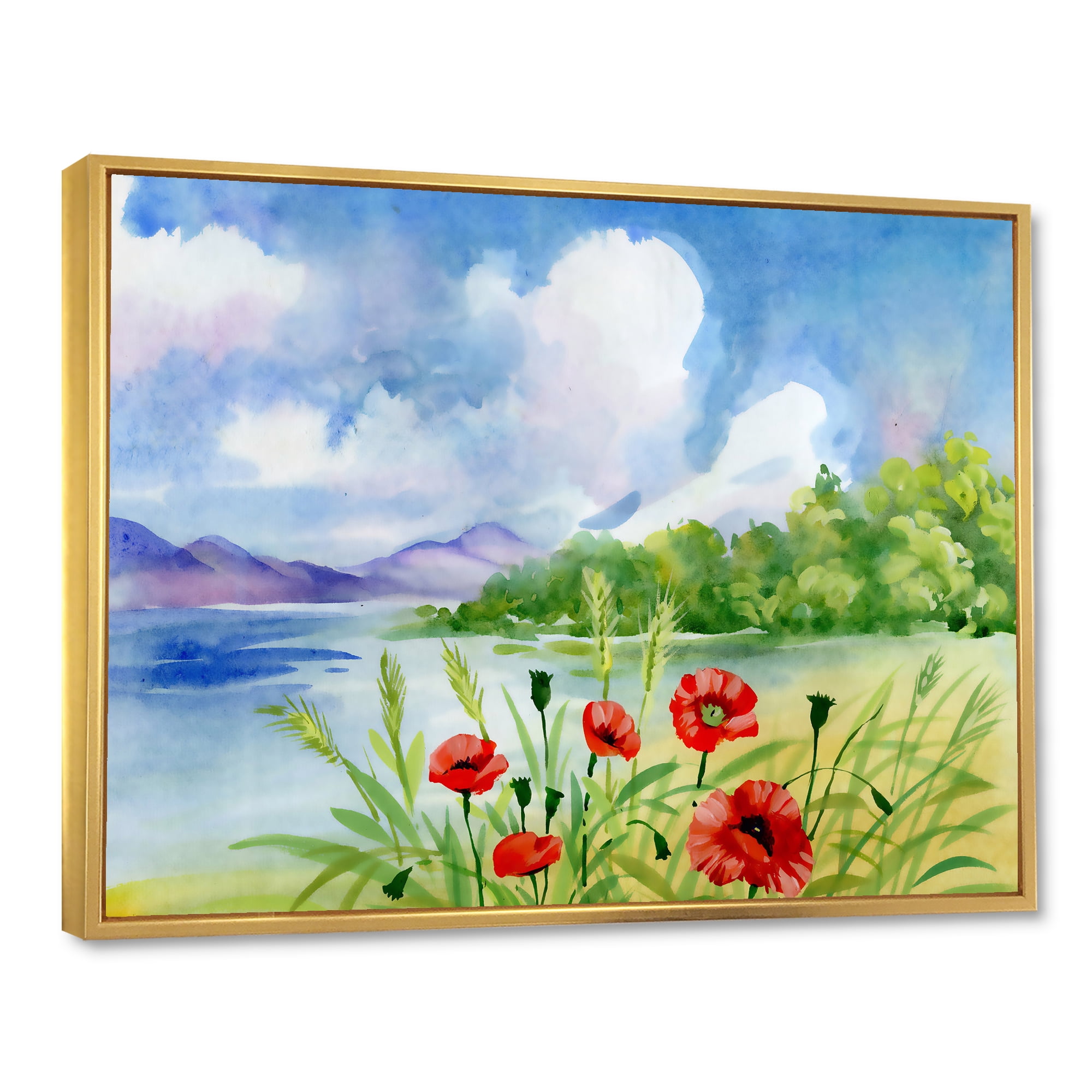 Designart 'Red Tulips On The Bank Near A River Mountain' Lake House Framed Canvas Wall Art Print