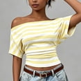 thumbnail image 3 of yillto Women off Shoudler Tops Striped Short Sleeve Shirts Casual Tunics Tees Ruched Slim Fashion Outfits, 3 of 7