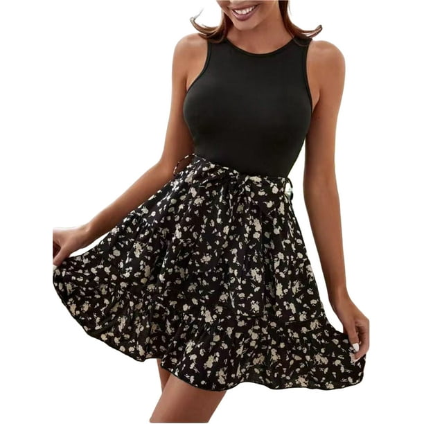 VISgogo Vestido Casual de Verano para Mujer, Patchwork Floral Patrón Torta Ruffle Hem Tie-Up Cintura Alta Prenda de una Sola Pieza VISgogo moda