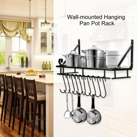 Yosoo Metal Hanging Pan Pot Rack Wall Mounted with 10 Hook Holders Kitchen Storage Organizer , Hanging Pot Rack,Hanging Pan