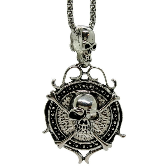 Stainless Steel Pirate Double Skull Jolly Roger Necklace Pendant