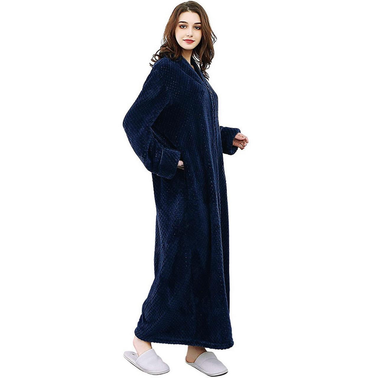 Women's Flannel Robe Zipper Front Long Plush Full Length Bathrobe