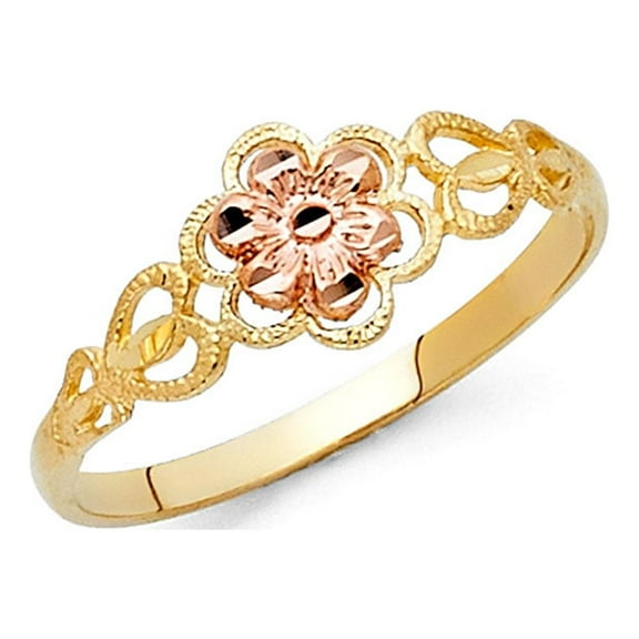Fancy Flower Ring 14k Yellow & Rose Gold Floral Band Polished Diamond Cut Genuine Two Tone 7MM Size 7